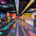 Colorful Indoor Play Zone With Bright Neon Lights And Cartoon Character Decorations