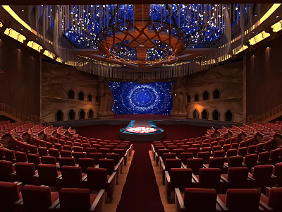 Luxurious Theater Interior With Red Seats Stage Blue Circular Backdrop And Ornate Ceiling Decorations 3d model