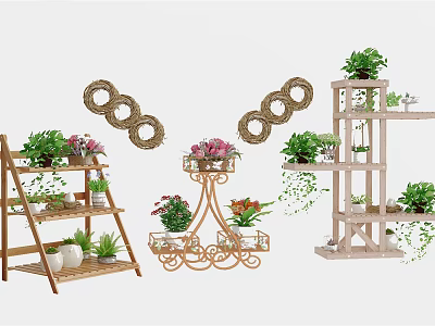 Charming Garden Decor With Tiered Plant Stands Wicker Hanging Rings And Green Plants 3d model