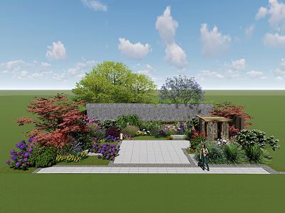 Serene Garden Landscape With Lush Trees Colorful Plants Stone Pathway Rock Wall And Gazebo 3d model