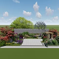 Serene Garden Landscape With Lush Trees Colorful Plants Stone Pathway Rock Wall And Gazebo