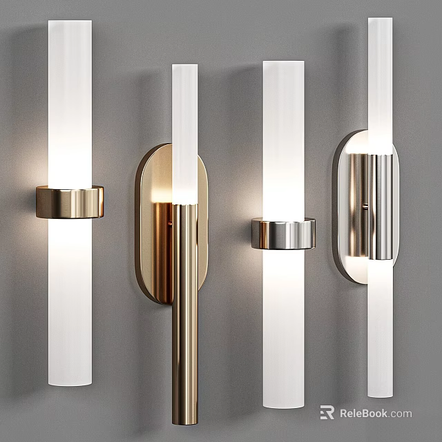 Modern Illuminated Wall Lamps with Gold Silver Metal and White Shades on Grey Wall 3d model 