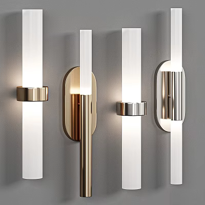 Modern Illuminated Wall Lamps with Gold Silver Metal and White Shades on Grey Wall 3d model