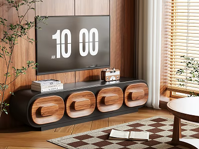 Modern Wooden TV Stand With Drawers TV Wooden Wall Plants And Checkerboard Rug 3d model
