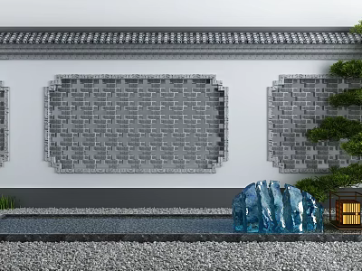 Traditional Courtyard Garden With Gray Brick Walls White Surface Blue Rockery Lantern And Green Plants 3d model