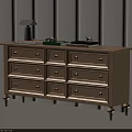 Modern Minimalist Wooden Entryway Console Table with Drawers Metal Handles and Decorative Items on Top