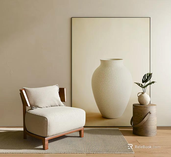 Modern Single Seater Sofa with Wooden Frame Throw Pillow and Decorative Artwork on Striped Rug 3d model 