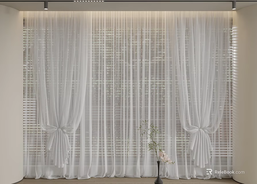 Sheer White Curtain Design With Elegant Pleats Bow Tie Accents And Potted Flower For Window 3d model 