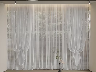 Sheer White Curtain Design With Elegant Pleats Bow Tie Accents And Potted Flower For Window 3d model