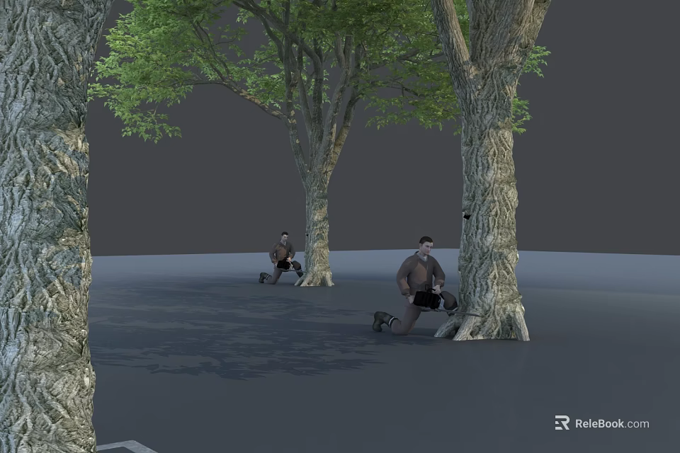 Men Kneeling Among Trees In Outdoor Setting With Green Foliage And Trunks 3d model 