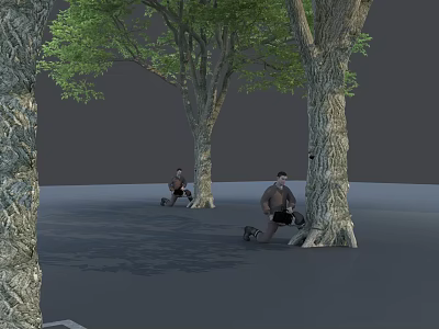 Men Kneeling Among Trees In Outdoor Setting With Green Foliage And Trunks 3d model
