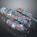Sci Fi Metallic Cylindrical Devices With Orange Accents And Mechanical Parts