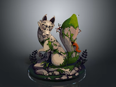Fantasy Stone Creature Sculpture With Vines Moss Green Plants And Small Orange Creature 3d model