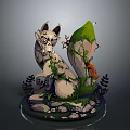 Fantasy Stone Creature Sculpture With Vines Moss Green Plants And Small Orange Creature