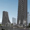 Modern Tall Office Towers Night View With Urban Street Vehicles And Pedestrians