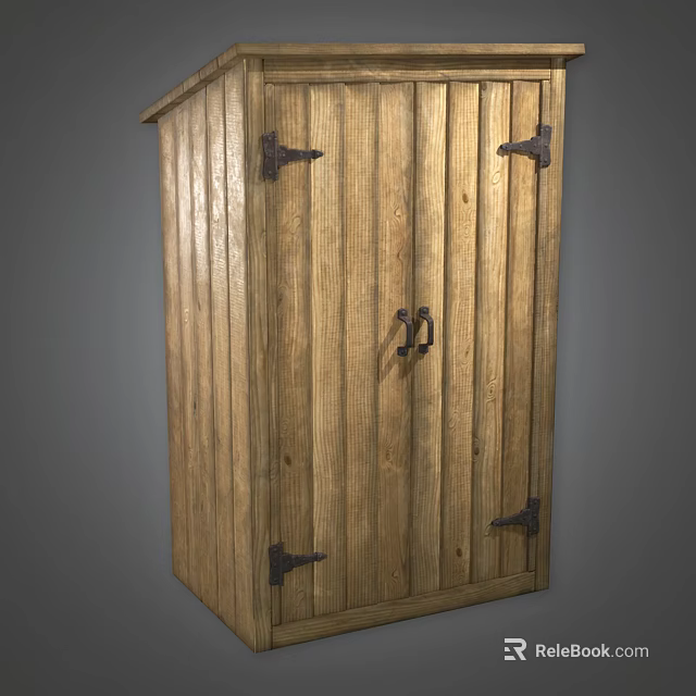 Rustic Wooden Wardrobe Design With Vertical Slats And Metal Hinges Handles 3d model 