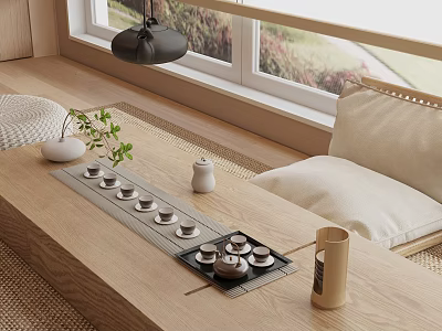 Minimalist Tea Set Arrangement On Wooden Table With Natural Mat And Window View 3d model
