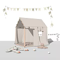 Kids Wooden Frame Tent With White Canvas And Bunting Flags Decoration And Plush Toys Around