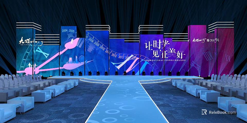 Elegant Event Stage Design with Blue Themed Screens Lighting Seats and Central Walkway 3d model 