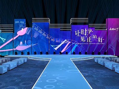 Elegant Event Stage Design with Blue Themed Screens Lighting Seats and Central Walkway 3d model