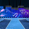 Elegant Event Stage Design with Blue Themed Screens Lighting Seats and Central Walkway
