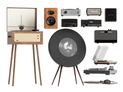 Vintage Audio Devices Collection With Turntable Speakers Radio And Wooden Stands 3d model