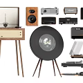 Vintage Audio Devices Collection With Turntable Speakers Radio And Wooden Stands