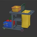 Commercial Cleaning Cart With Yellow Trash Bin Blue Red Buckets Metal Frame And Wheels