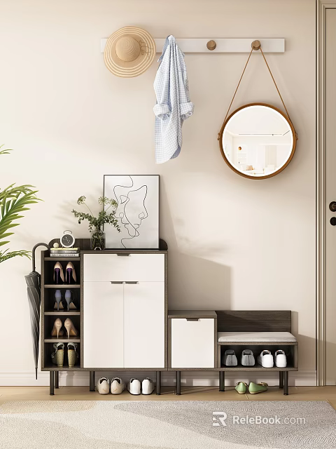 Modern Shoe Cabinet With Coat Rack Round Mirror Potted Plant And Shoe Bench 3d model 