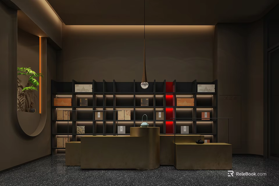 Modern Exhibition Hall Interior With Dark Bookshelves Curved Desk Decorations And Warm Lighting 3d model 