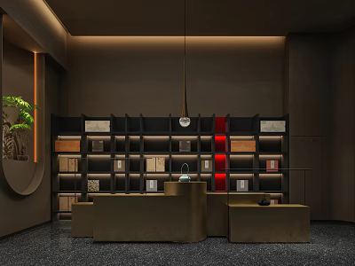 Modern Exhibition Hall Interior With Dark Bookshelves Curved Desk Decorations And Warm Lighting 3d model