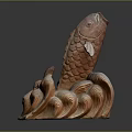 Wooden Carp Sculpture with Detailed Scales and Waves Shaped Base