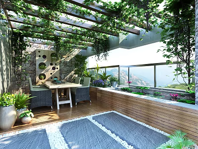 Peaceful Villa Balcony with Vines Covered Pergola Wooden Planter Outdoor Dining and Mountain Sea View 3d model