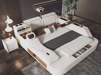 Modern Double Bed With Upholstered Headboard Storage Drawers Nightstand And Table Lamp 3d model
