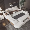 Modern Double Bed With Upholstered Headboard Storage Drawers Nightstand And Table Lamp