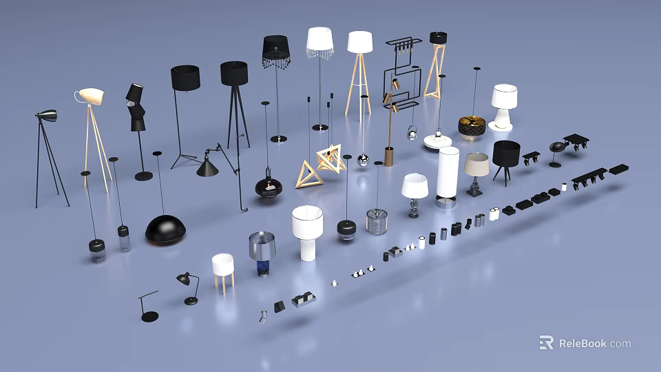 Modern Lighting Fixtures Combination With Various Floor Table And Pendant Lamps In Black White Metallic Designs 3d model 