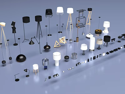 Modern Lighting Fixtures Combination With Various Floor Table And Pendant Lamps In Black White Metallic Designs 3d model