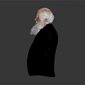 Elderly Man With Bald Head And Long White Beard In Black Suit Against Gray Background