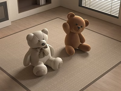 Cute White and Brown Teddy Bears Sitting on Beige Carpet in Room with Wooden Floor 3d model