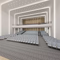 Modern Large Spacious Conference Room With Tiered Seating White Seats Wooden Walls Grey Carpet