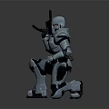 Detailed Robotic Character in Crouching Pose Holding Gun With Metallic Armor Suit