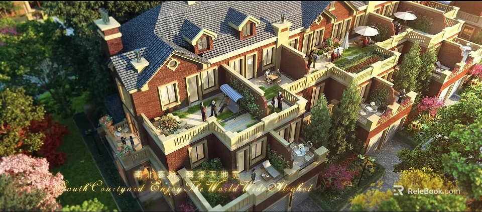 Spacious Townhouse Exterior With Sloped Roof Garden Terraces Brick Facade And Greenery 3d model 
