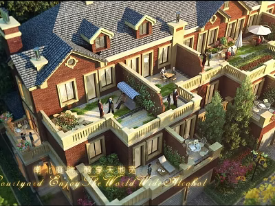 Spacious Townhouse Exterior With Sloped Roof Garden Terraces Brick Facade And Greenery 3d model