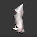 Cartoonish White Hooded Carved Sculpture With Black Face Red Eyes Red Patterns And Clawed Hands