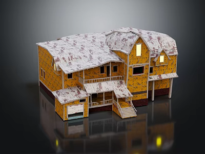 Wooden House With Yellow Exterior Textured Roof Multiple Windows Balcony Porch And Stairs 3d model