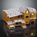 Wooden House With Yellow Exterior Textured Roof Multiple Windows Balcony Porch And Stairs