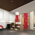 Modern Tobacco And Liquor Store Interior With Wooden Ceiling Shelves And Red Display Cabinets