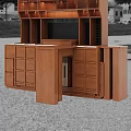 Brown Wooden Sideboard With Upper Cabinets Black Perforated Back Panel And Lower Drawers
