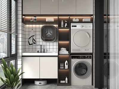 Modern Balcony Laundry Cabinet Combination Laundry Room Home Appliances Combination Sweeper Washing Machine Dryer Hanger Living Balcony 3d model