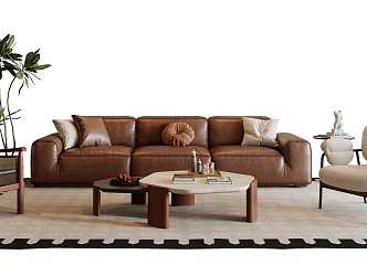 French Middle-style Sofa Coffee Table Combination Sofa Leather Sofa Single-person Sofa Multi-person Sofa Living Room Sofa Side Table Plant Potted French Decoration 3d model